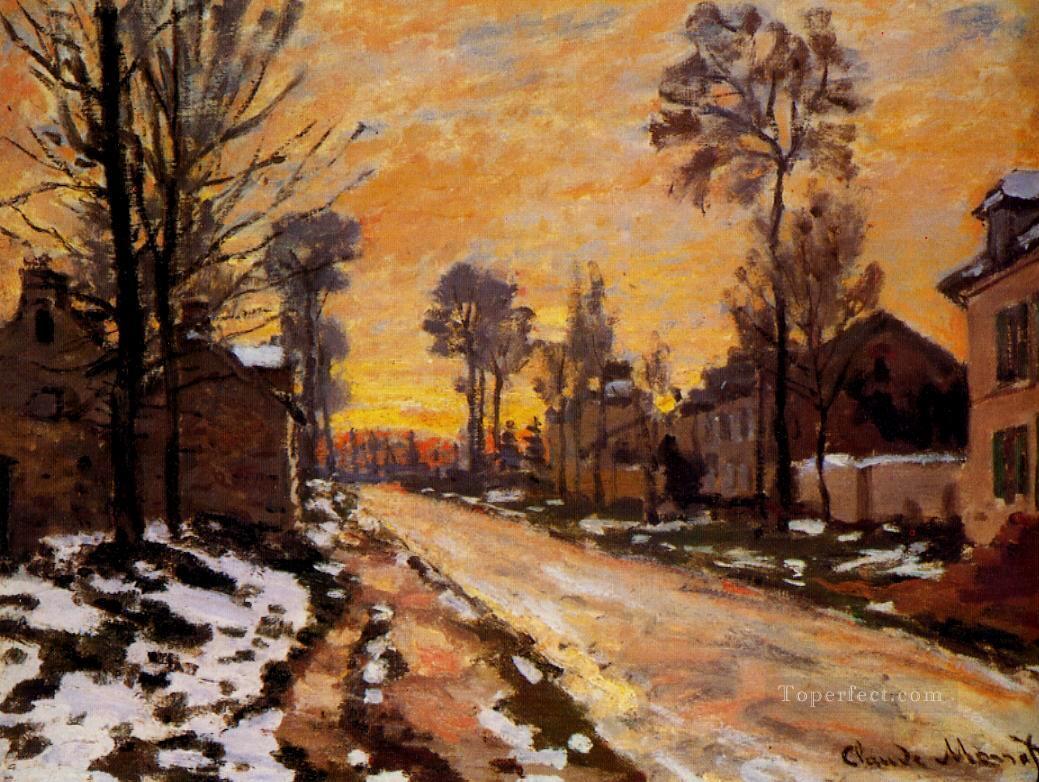 Camino en Louveciennes derritiendo nieve Atardecer Monet Pintura al óleo